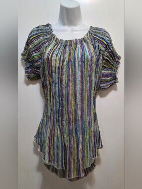 Cato Multi-Stripe Elastic Neck Tunic in Blue, Green, Yellow, Purple